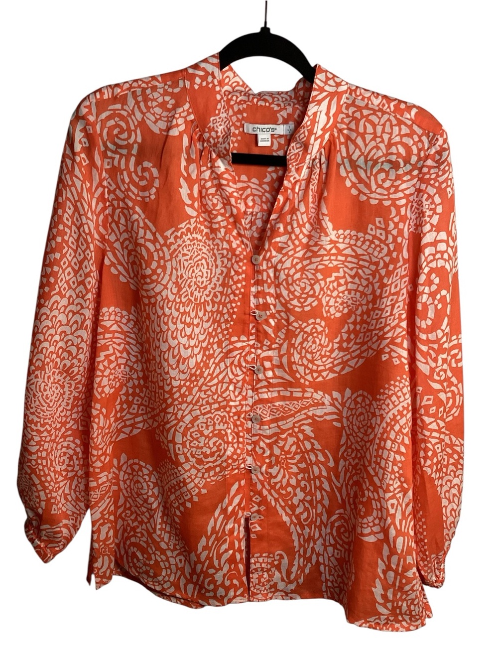 Chico's Orange and White Printed Button-Front Blouse